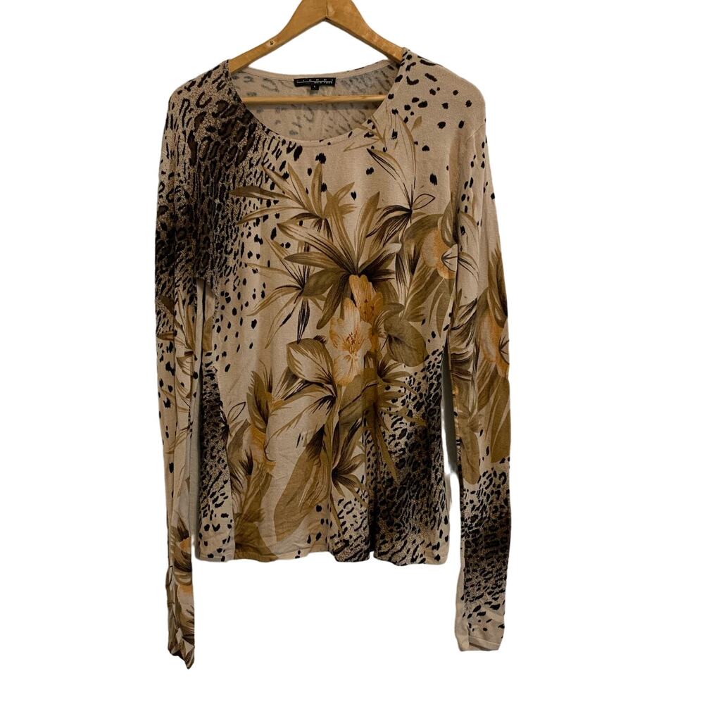 Pierri New York Brown Neutral Leopard and Floral Long Sleeve Top